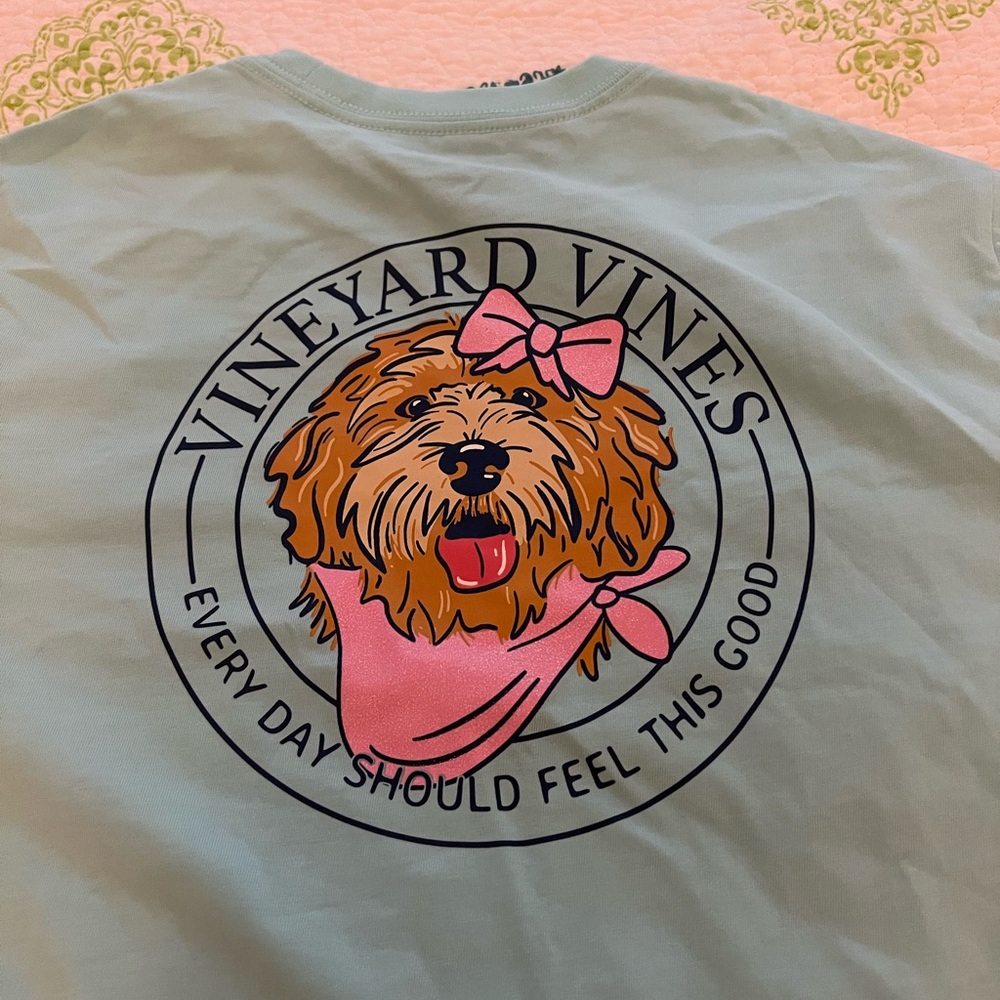 Vineyard Vines Girls Bow Doodle Pocket Tee in Teal and Pink